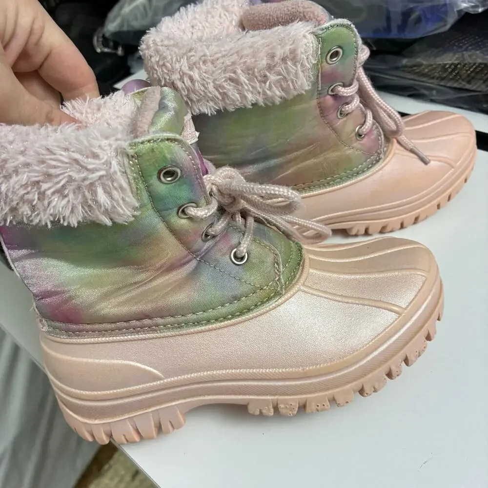 Magellan Outdoors Girls Youth Size 13D Snow Boots Pink Rainbow Lace Up Outdoors